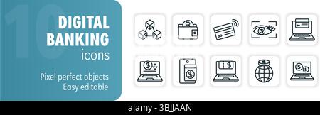 Set of digital banking and cryptocurrency modern icons showing innovative financial technology Stock Vector