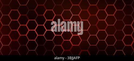 Hexagon game background with glowing red honeycomb grid on black surface. Abstract geometric pattern of connected cells for futuristic interface design. Digital technology bg with luminous edges. Stock Vector