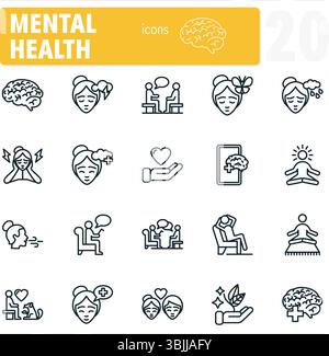 Set of simple line icons representing different aspects of mental health, including therapy, meditation and mindfulness Stock Vector