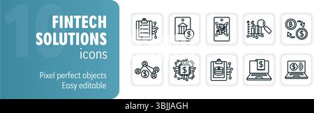 Fintech solutions set of modern bold line icons including online banking, cryptocurrency, financial technology Stock Vector