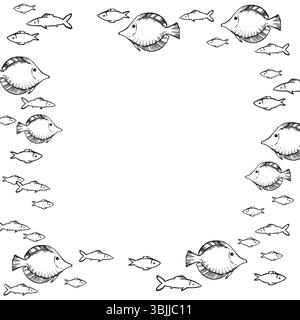 hand drawn vector frame with underwater fish, black and white ink sketch of exotic tropical fish, sea wildlife, engraving textured illustration of und Stock Vector