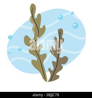 Illustration of seaweed with a light blue background and bubbles. The seaweed has a brownish-green color and features elongated leaves. Stock Vector