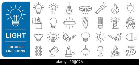 Light editable stroke line icon symbol set. Light bulb, lamp, flashlight, LED, lantern, spotlight, campfire and lighter icons sign. Vector illustratio Stock Vector