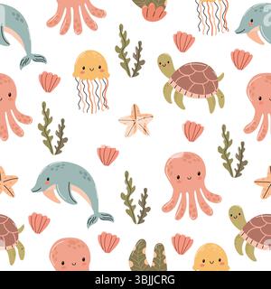 A colorful marine-themed pattern featuring dolphins, octopuses, jellyfish, turtles, seashells, and seaweed on a white background. Stock Vector