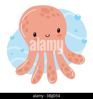 A cute cartoon octopus with a smiling face and light pink color. It has eight arms and is surrounded by blue water bubbles. Stock Vector