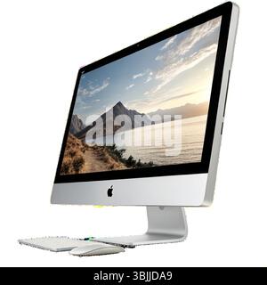 A stylish Apple iMac featuring a stunning Retina display, wireless keyboard, and mouse. Ideal for graphic design, video editing Stock Vector