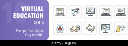Ten colorful icons representing various aspects of virtual education, encompassing online courses, video tutorials, distance learning, and gamificatio Stock Vector