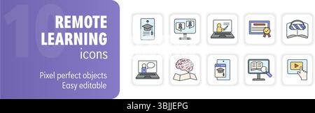This colorful icon set illustrates the concept of remote learning with images of students and teachers using technology Stock Vector