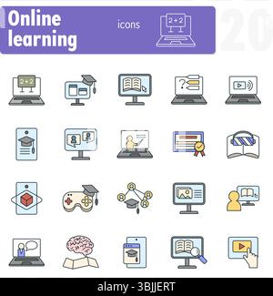 Set of colorful icons representing different aspects of online learning, featuring laptops, books, and virtual reality headsets Stock Vector