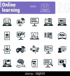 Online learning icons featuring students studying with laptops and mobile devices Stock Vector
