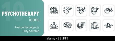Set of ten vector icons representing different aspects of psychotherapy, exploring themes of mental well-being and emotional support Stock Vector