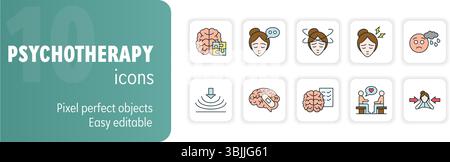 Psychotherapy, psychology, mental health disorder treatment line icons set. Editable stroke Stock Vector