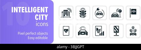 This set of icons represents the concept of a smart city, featuring various technologies and innovations Stock Vector