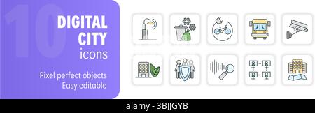Digital city icon set featuring smart transportation, eco-friendly solutions, and urban innovation Stock Vector