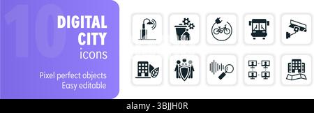 Digital city icons representing modern urban living and technology Stock Vector