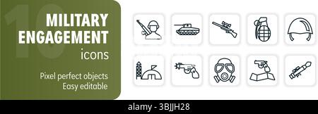 Set of military engagement icons featuring weapons and soldier equipment Stock Vector