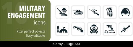 Set of military engagement glyph icons representing various aspects of warfare Stock Vector