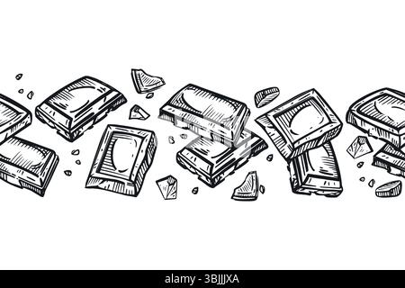 Chocolate-themed seamless border, chocolate pieces, chocolate bar, all objects hand-drawn in ink on a white background. Vector illustration. For Stock Vector