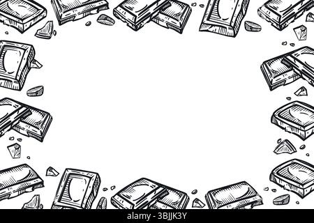 Rectangular vector frame of chocolate bars, chocolate slices, chocolate crumbs. All objects are hand-drawn with ink. Suitable for menu design in Stock Vector