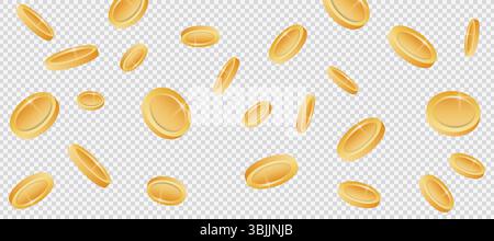 Realistic 3D golden coins illustration, isolated for easy overlay on various digital projects. Bright shiny golden coins falling on transparent background, ideal for finance and game concepts. Falling gold coins with sparkle highlights, perfect for jackpot, prize, or digital currency visuals. Stock Vector
