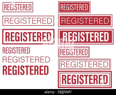 Collection of red REGISTERED stamps in multiple styles, perfect for documents, business branding, or official use. Assortment of bold registered wordmark labels in red, ideal for print, packaging, or digital design. Variety of Registered red stamps in different fonts and borders, isolated on white for official and branding purposes. Stock Vector