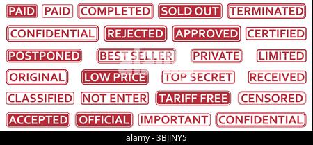 Collection of red rubber stamp labels featuring a variety of commercial and administrative terms. Great for office, reports, print templates, and workflow illustrations. Business label stamp set with various red rectangular tags including official, financial, and confidential terminology. Suitable for infographics, management tools, or business process visuals. Stock Vector