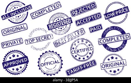 A collection of grunge-style rubber stamps with various business-related labels such as approved, confidential, original, and completed. Business rubber stamps. Grunge stamp collection. Grunge Rubber Stamp Collection with Various Business Labels Stock Vector