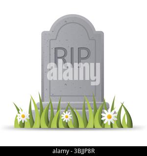 Realistic tombstone with RIP text and blooming flowers in front. Memorial or funeral-themed vector image. Ideal for remembrance, loss, or death-themed visuals. Vector illustration on a white background. Gravestone with flowers illustration. Stock Vector