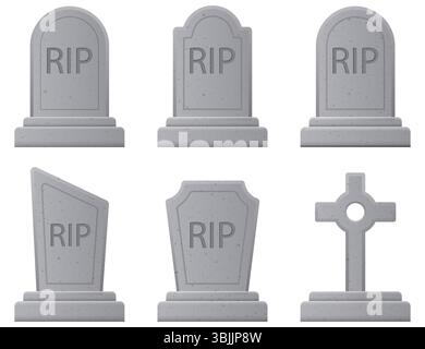 Collection of various gravestone icons with RIP inscriptions. Vector illustration in a 3d style, suitable for funeral, cemetery, or Halloween designs. Ideal for death, grief, or memorial-related visuals. RIP tombstone icon set. Stock Vector
