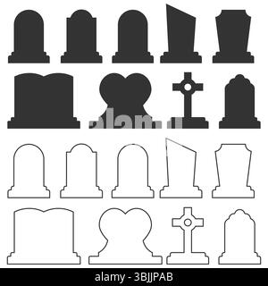 Set of tombstone icons in silhouette and outline style. Includes various gravestone shapes for cemetery, Halloween, or memorial design. Vector collection of headstone and grave icon silhouettes and outlines. Gravestone vector set featuring flat black and line-art versions. Suitable for cemetery-related, Halloween, or gothic-themed design projects. Stock Vector
