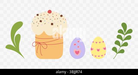 Easter Cake Sprinkles decoration Hearts decorated Colorful Eggs and leaves Greeting elements Bundle. Isolated Vector Illustration Easter Greetings Holiday Cards or promo banner, leaflets, label, price Stock Vector