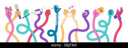 Flexible stretched hands. Long hand holding smartphone, flowers, pen, credit card. Different bright colors gestures, human curved arms, neoteric comic Stock Vector