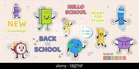 Groovy style book pencil marker alarm clock academic cap and planet globe. School and office stationery. Back to school phrases, cartoon stickers Stock Vector