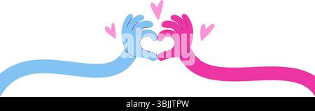 Long curved hands show heart. Cartoon flexible hand comic cartoon style. Love, romantic banner. Charity, support, help metaphor, neoteric vector Stock Vector