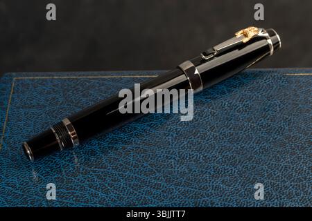 Branded pen in a box. Gift set. Selective focus. Office interior. Copy space Stock Photo