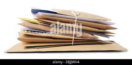 Stack of different paper envelopes isolated on white. Post office Stock Photo