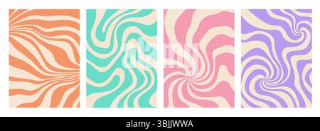 Psychedelic twisted groovy hippie patterns. Vector set of abstract vibrant wavy and distorted optical illusions in retro color palettes. Warped striped and checkered backgrounds for vintage posters Stock Vector