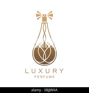 Luxury golden bottle perfume fragrance icon. Perfumery company or cosmetics brand graphic symbol or vector icon. Beauty saloon or boutique with perfume elegant bottle sprayer, golden floral ornament Stock Vector