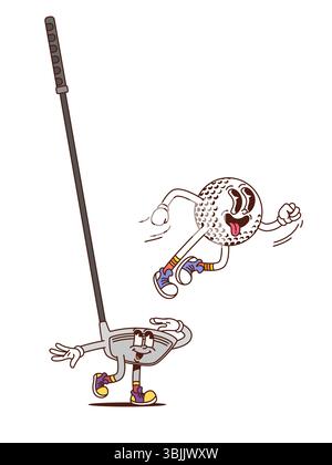 Golf sport club and ball groovy funny character. Sport tournament hippie groovy isolated vector mascot, golf club competition cute funky cartoon personage. Sport game championship cheerful character Stock Vector