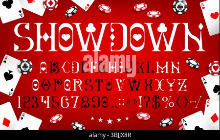 Casino card suit font, poker typeface, gambling game type, Vegas alphabet, English abc typography letters, numbers, symbols with ace playing card suits as red hearts, black spades, clubs and diamonds Stock Vector