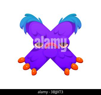 Bizarre monster character cartoon font letter X. Crazy Halloween scarecrow font typeset letter, strange bugaboo, bogle personage vector kids ABC symbol. Spooky horror monster character type element Stock Vector