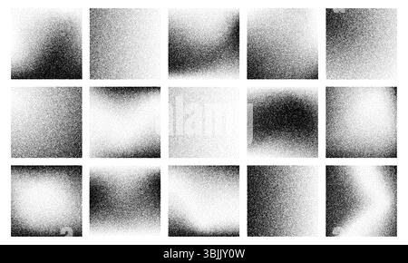 Square gradient noise grain background. Vector stipple texture pattern with halftone shadow effect and soft fading gradient. Abstract monochrome backdrops with black and white gritty pointillism Stock Vector