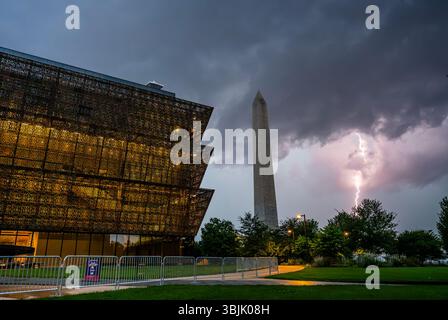 Lightning strikes behind the Washington Monument on the National Mall in Washington, D.C., June 13, 2025—on the eve of the U.S. Army’s 250th birthday. Stock Photo