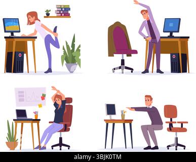 Stretching people. Tired office managers making stretch special exercises on workplaces exact vector templates business illustrations Stock Vector