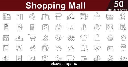 Shopping Mall Retail Icon Set - 50 Editable E-commerce Store Icons for Online Shopping, Payment, Delivery and Customer Service Vector Pack Stock Vector