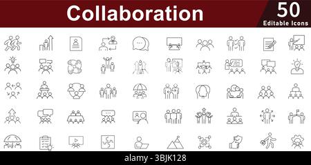 Collaboration Teamwork Icon Set - 50 Editable Team Communication Icons for Remote Work, Project Management and Partnership Vector Pack Stock Vector