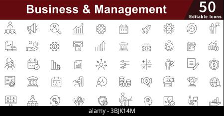 Business Management Icon Set - 50 Editable Corporate Strategy Icons for Leadership, Finance, Analytics and Team Collaboration Vector Pack Stock Vector