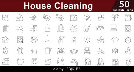 House Cleaning Service Icon Set - 50 Editable Housekeeping Icons for Domestic Cleaning, Laundry and Home Maintenance Vector Collection Stock Vector