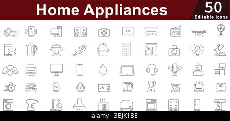 Home Appliances and Smart Electronics Vector Icons Pack with Kitchen and Household Devices – 50 Minimal Editable Line Icons Stock Vector