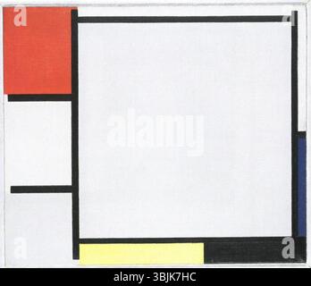 'Composition with Red, Blue, Yellow, Black, and Gray' by Piet Mondrian, painted in 1922, features geometric shapes and primary colors, emphasizing the artist's transition to abstract art. The oil on canvas exemplifies Mondrian's distinctive style of Neoplasticism. Stock Photo